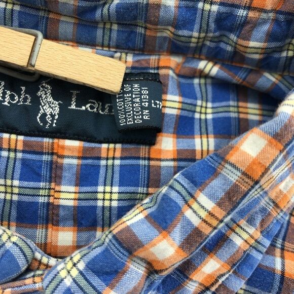 Ralph Lauren Mens Medium Blue Orange Plaid Button Down Long Sleeve Flannel Shirt - Picture 6 of 6